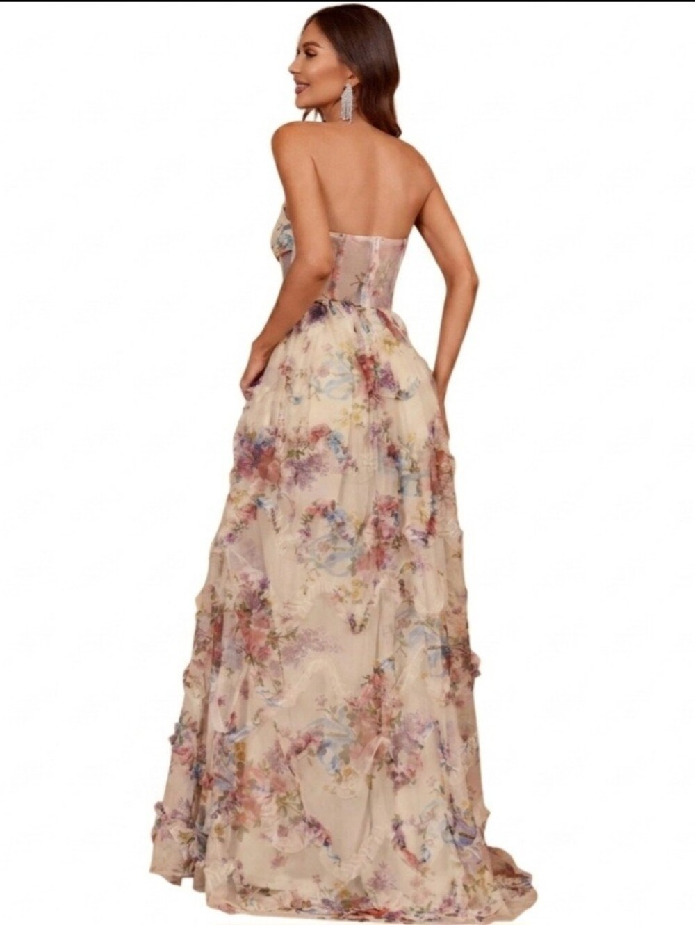 Faeriesty Ruched Bustier Ruffle Trim Hem Floral Print Tube Maxi Dress Size 1XL - Picture 8 of 16